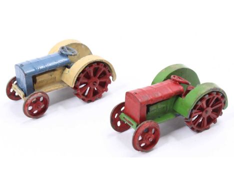 Dinky Toys pre-war No. 22E Farm Tractor, 2 examples, with one in cream &amp; blue, and the second in green &amp; red, both mo