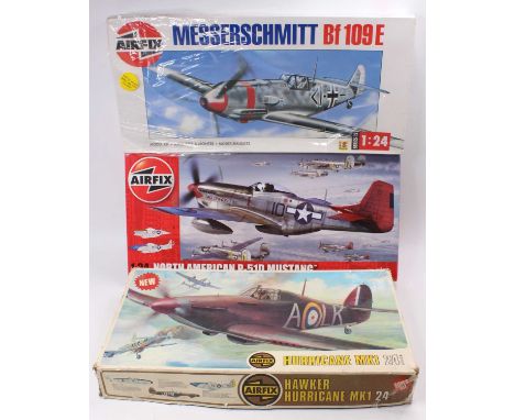 Airfix 1/24th scale boxed model kit group of 3 comprising a Hawker Hurricane Mk1, a Messerschmitt Bf 109 E (partially shrink 