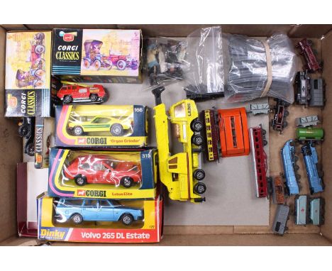 A collection of mixed Corgi, Dinky, and Lone Star diecasts, with examples including a Corgi No. 166 Organ Grinder Dragster in