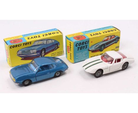 Corgi Toys Boxed Group, 2 examples to include No 324 Marcos 1800 GT, white body with green racing stripe (NM-BVG), together w