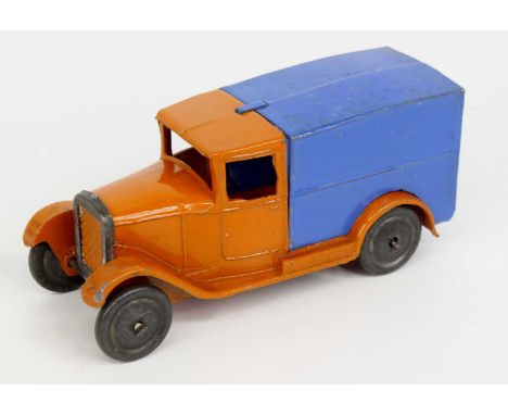 Dinky Toys No. 22D pre-war delivery van comprising orange body and chassis with blue back, tinplate radiator surround and Hor