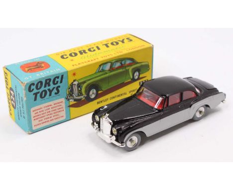 Corgi Toys No 224 Bentley Continental in black and silver, fitted with a red interior and jewelled lights, and has the mascot