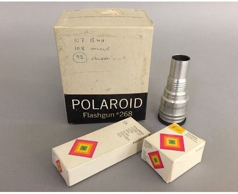 Two boxes of assorted cameras including Polaroid Flashgun #268, close-up lens, accessory holder and 'The Carpenter' 3" projec