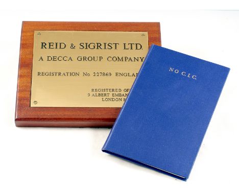 Brass Wall Plaque from the Reid &amp; Sigrist Registered Office. Plaque is 8x6 inches, inset into a heavy, wooden frame and b