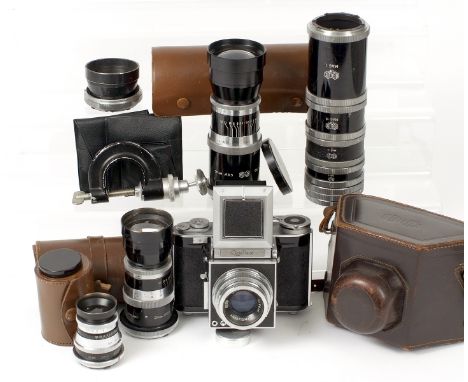 Extensive AGI Agiflex III Outfit. Comprising camera body with 80mm f2.8 lens; 16cm f5.5 ; 24cm f5.5; rare 30cm f5.5, most wit