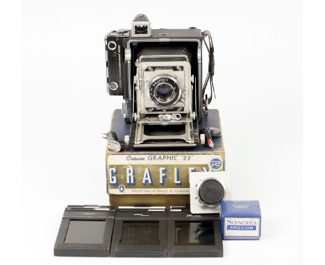 Graflex Crown Graphic '23' 6x9cm Plate Camera Outfit. With Optar 101mm f4.5 lens #789273. Also a Super Angulon 65mm f6.8 lens