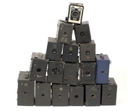 Box Camera Jenga! A Box of 17 Box Cameras. To include examples from Maxim, Kodak, Ensign etc. (all condition 5F to 6F).
