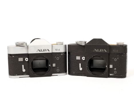 Pair of Alpa 10d Camera Bodies. Uncommon black body #56219 and chrome body #55828. (each shows wear to black painted parts, h
