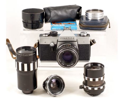 Praktica L Camera with Rare Set of Enna Lenses. To include Pentacon 50mm f1.8 (blades very slow, condition 5H); Enna Ultra-Li