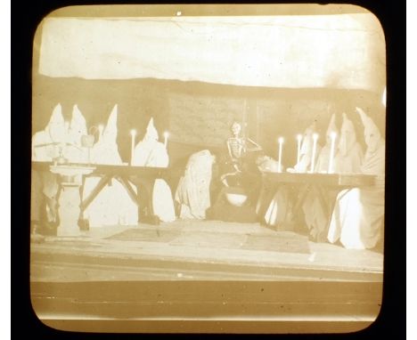 Rare Magic Lantern Slide of Ku Klux Klan Lodge Initiation Meeting. Exposure light, last image enhanced to show detail.