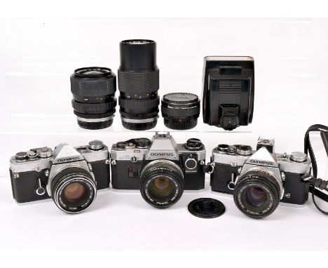 Olympus OM-1 &amp; OM10 SLR Outfit. Comprising OM-1 MD, OM-1n MD &amp; OM10 (with Manual Adapter) bodies, each with Zukio 50m