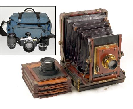 An Unnamed Wood &amp; Brass Half Plate Field Camera With Unusual Tilting Base. (repair to front standard, bellows &amp; TP ro