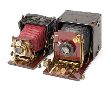 Thornton Pickard Nimrod Automan Hand &amp; Stand Plate Camera. Maroon bellows, with wood and brass interior. (Quite well used