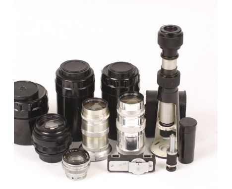 Box of Soviet lens &amp; Optical Items. To include Jupiter 9 85mm f (M42 fit) in keeper (condition 4F); Jupiter 11 135mm f4 (
