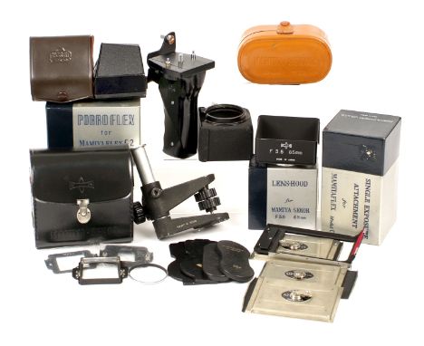 Selection of Mamiya C Series Accessories. To include lens hood for 65mm in makers box, 180/250mm hood, 2x Porroflex tripod mo