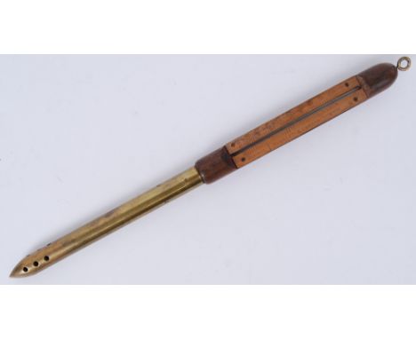 NEGRETTI & ZAMBRA: An early 20th century Negretti & Zambra thermometer / measure. Largely brass, with wooden features. The ga