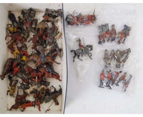 LEAD SOLDIERS: A collection of assorted vintage lead figures and soldiers to include Britains, Johillco, infantry, animals et