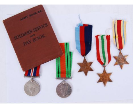 WWII MEDAL GROUP: A Second World War WWII medal group of five including the Africa and Italy Stars, along with the original r