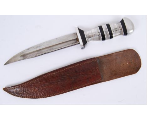 DAGGER: An unusual likely WWII Second World War period dagger with white metal and blackened handle. Shortened bayonet blade,