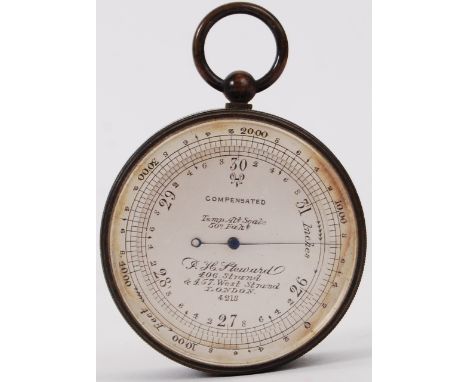 POCKET BAROMETER: A brass cased pocket barometer  P. H. Steward, 406 Strand & 457 West Strand, London 4218, compensated, temp