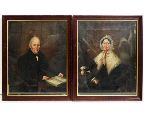 19th Century British SchoolA handed pair of Georgian portraits: depicting a lady in lace cap and shawl, with knitting in her 