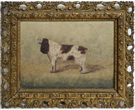 19th Century BritishA naive portrait of a spaniel,signed with the initials MA,oil on canvas,14 x 19cms, framed.