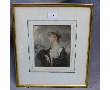 A 19th century watercolor over pencil portrait of Mary Chettle aged 19, signed by the sitter to verso. 18x15cm 