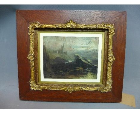 Early 20th century school, Seascape with a castle by a rocky shoreline, oil on panel, 19 x 24cm 