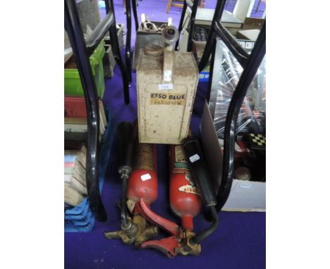 Two vintage printed fire extinguisher and Esso blue fuel can
