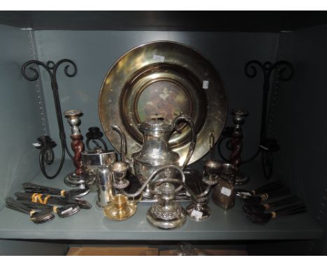 A selection of plated and metal wares including teapot and cutlery
