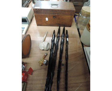 A selection of miscellaneous including tribal treen barbs, a clay pipe modelled as mans head, a meersham pipe similar and a 1