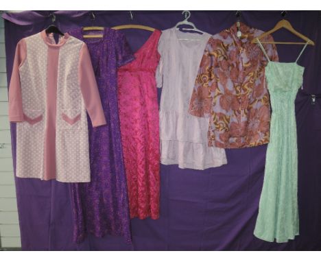 Six vintage 60s and 70s dresses, includes some bright maxi dresses and mini dress with a brilliant print, mixed sizes, good c