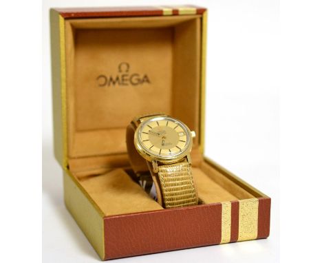 A gold filled and stainless steel electronic calendar centre seconds wristwatch, signed Omega, F300Hz, model: De Ville Chrono