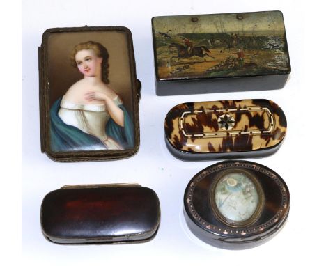 Two 19th century tortoiseshell snuff boxes, a faux tortoiseshell snuff box, papier mache snuff box depicting a hunting scene 