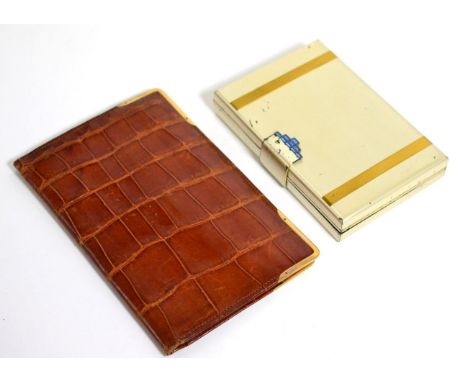 Brown crocodile leather wallet by The Alexander Clark Co, with 9ct gold corner mounts and a Art Deco style compact (2) 
