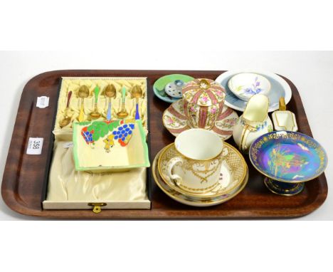 A set of six Danish silver gilt and enamel coffee spoons; cabinet cups and saucers; Royal Worcester pin tray signed 'K.Blake'