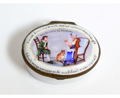 An oval enamel patch box depicting seated figures and a cat, circa 1800