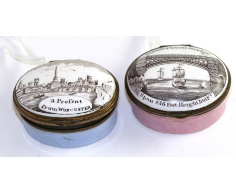 Two oval enamel patch boxes depicting Sunderland Bridge and a scene of Worcester 