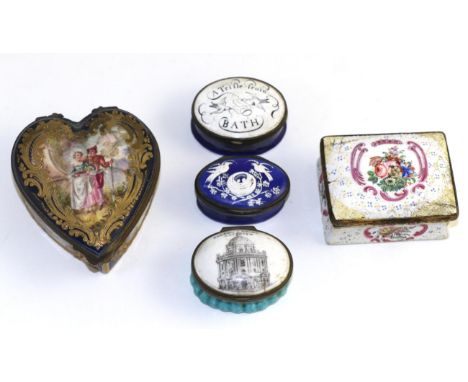 Five enamel boxes, one depicting Radcliffes Library Oxford, one marked 'A Trifle From Bath' (5)