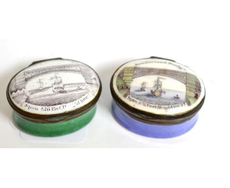 Two oval enamel patch boxes depicting Sunderland Bridge, circa 1790