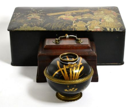A papier mache Japanned box, a Japanese lacquer box and cover and a small mahogany tea caddy (3)