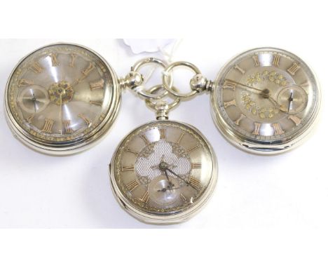 Three silver open faced pocket watches, the first, signed Taffinder, Rotherham, 1867, gilt fusee lever movement signed, dust 