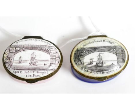 Two oval enamel patch boxes depicting Sunderland Bridge, circa 1790
