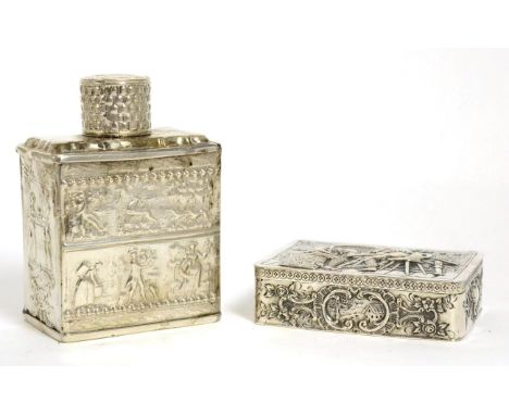 A Continental white metal snuff box, pseudo Hanau marks, with tavern interior scene; together with a Dutch .833 standard tea 