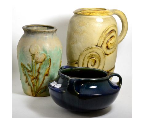 Three Bourne Denby Danesby ware pots, comprising a dandelion vase; a garden ware jug with abstract design; and an electric bl