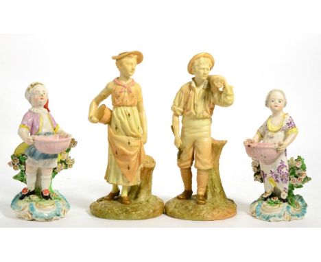 Pair of 18th century Derby porcelain figures and a pair of Royal Worcester porcelain figures