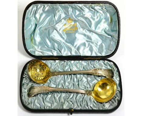 A cased Scottish silver sugar sifter and sauce ladle