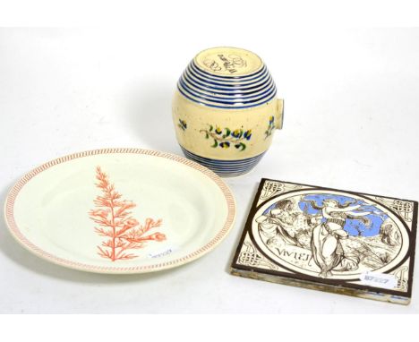 An early 19th century Prattware spirit barrel inscribed 'Wm Pearce'; a Wedgwood creamware plate and a Minton tile 