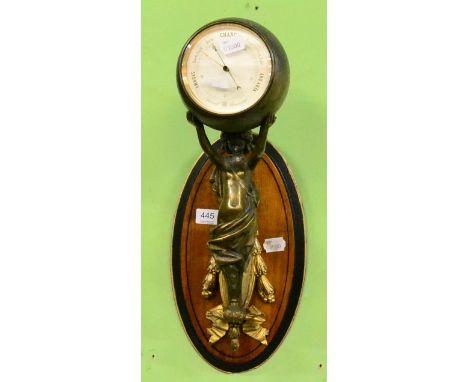 An unusual figural wall mounted aneroid barometer, circa 1900, the maiden figure in robes mounted on an oval wooden wall plaq
