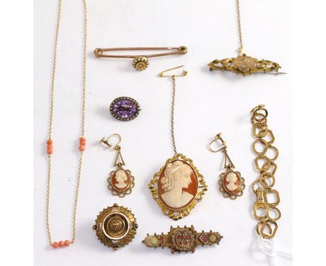 A 9ct gold bracelet, a cameo brooch, a pair of cameo earrings, a diamond and seed pearl bar brooch, a 9ct gold horseshoe broo